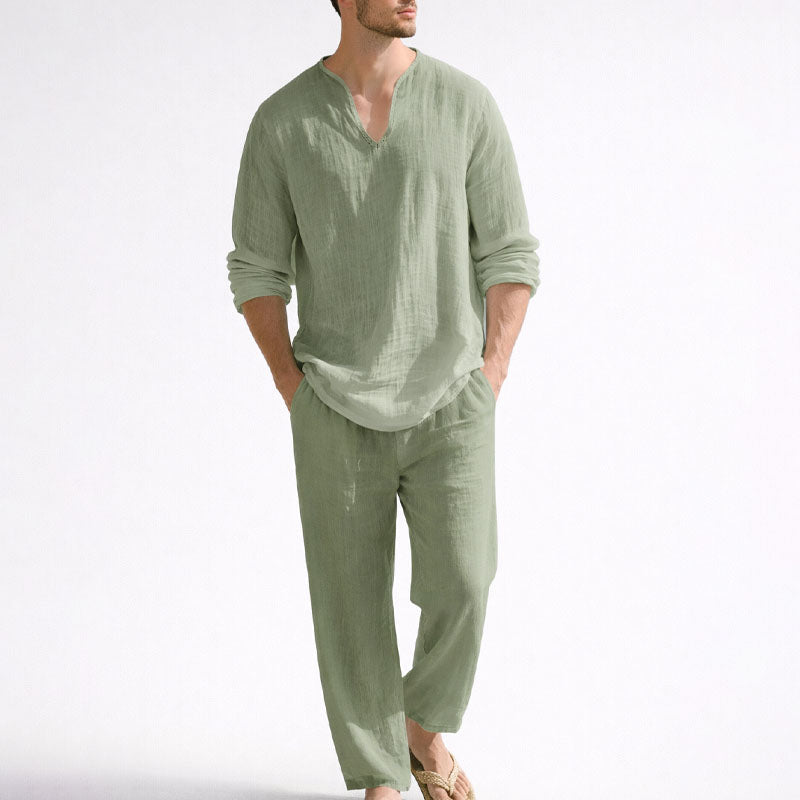JAMES™ | Men's Linen-Blend V-Neck Shirt and Trousers Set