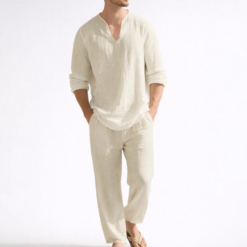 JAMES™ | Men's Linen-Blend V-Neck Shirt and Trousers Set