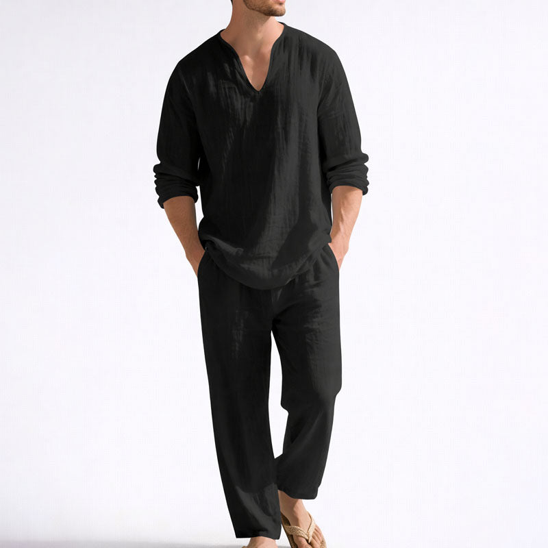 JAMES™ | Men's Linen-Blend V-Neck Shirt and Trousers Set