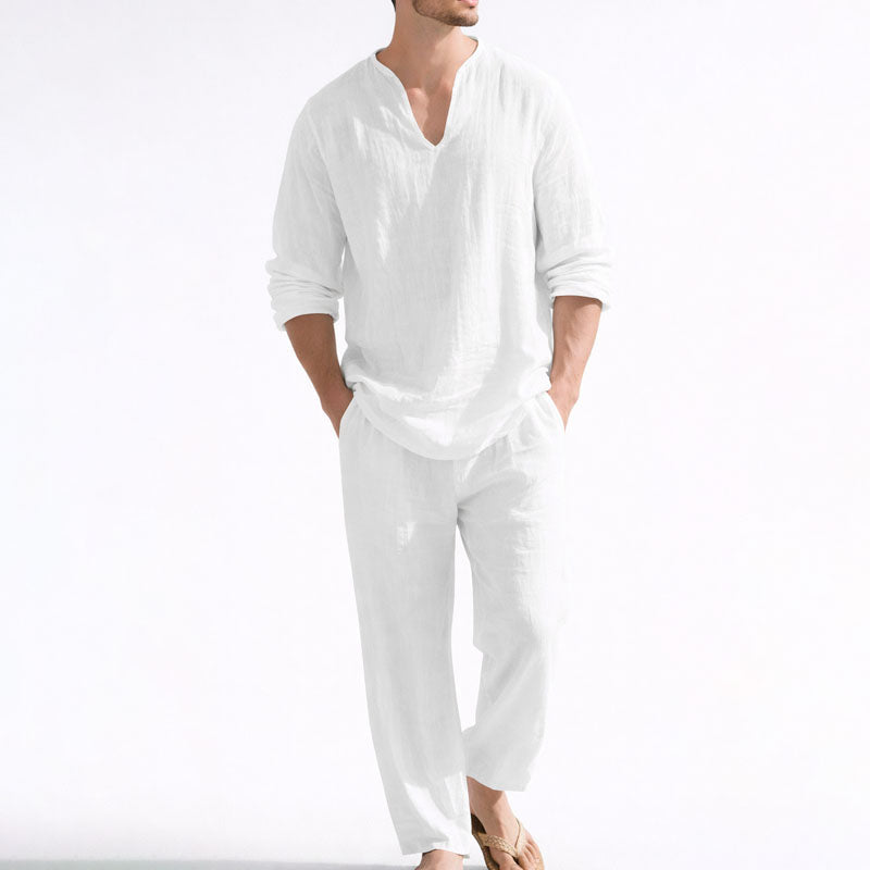 JAMES™ | Men's Linen-Blend V-Neck Shirt and Trousers Set